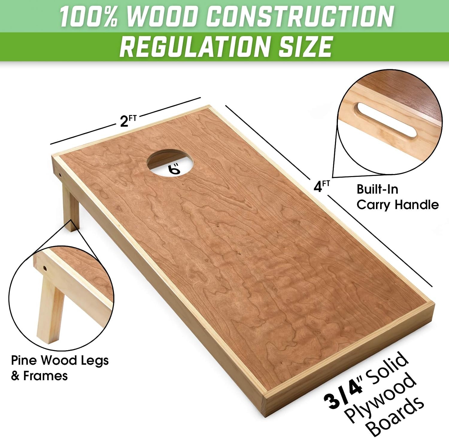 image:imageGoSports 4 x 2 Commercial Grade Cornhole Boards Set  Natural Wood Cornhole Boards Choose from Different Bean Bag Color CombinationsBright Green  Gray