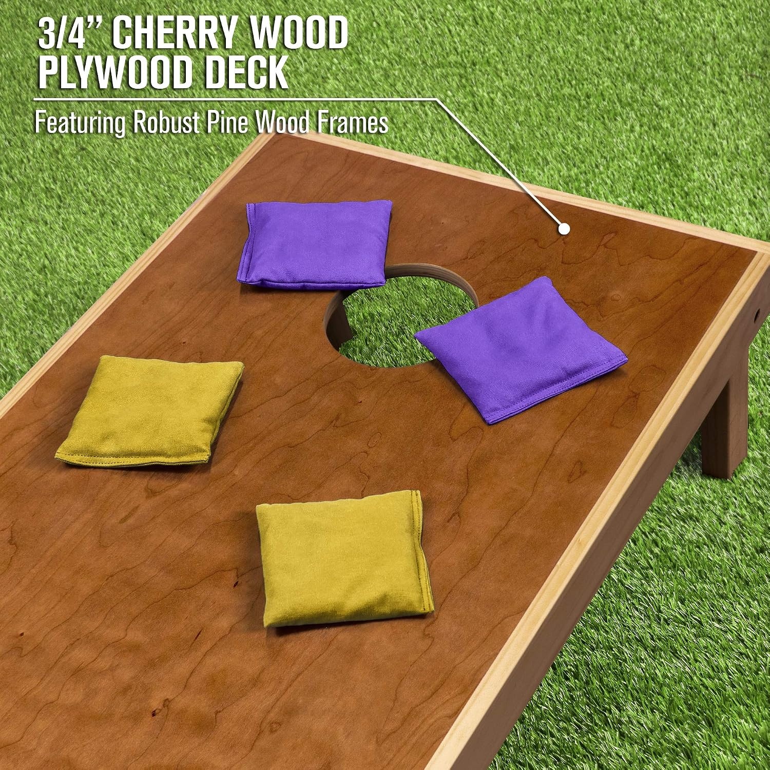 image:imageGoSports 4 x 2 Commercial Grade Cornhole Boards Set  Natural Wood Cornhole Boards Choose from Different Bean Bag Color CombinationsPurple  Gold